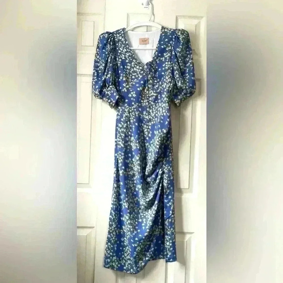 JULI TOO BOUTIQUE BLUE FLORAL Puff sleeve Midi dress Size Small - Picture 2 of 11